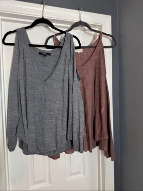 Forever 21 Gray Button Cardigan & Mauve cold shoulder Sweater Set